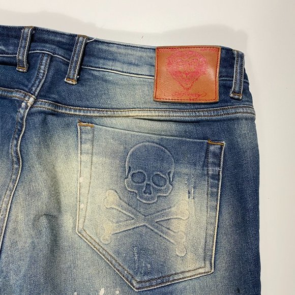 Ed Hardy Embossed Skull Distressed Dagger slim fit jeans mens size 34x28 - Picture 9 of 11